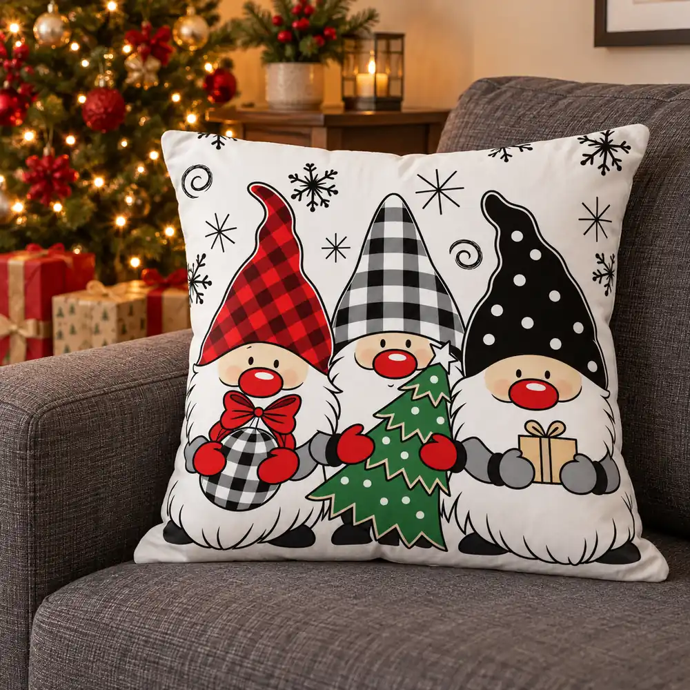 Cojín navideño con tres gnomos, un árbol y un regalo sobre un sillón gris, junto a un árbol de Navidad iluminado.