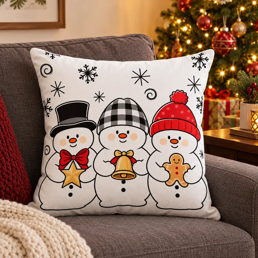 Cojín navideño con tres muñecos de nieve sobre un sillón gris, junto a un árbol de Navidad iluminado.