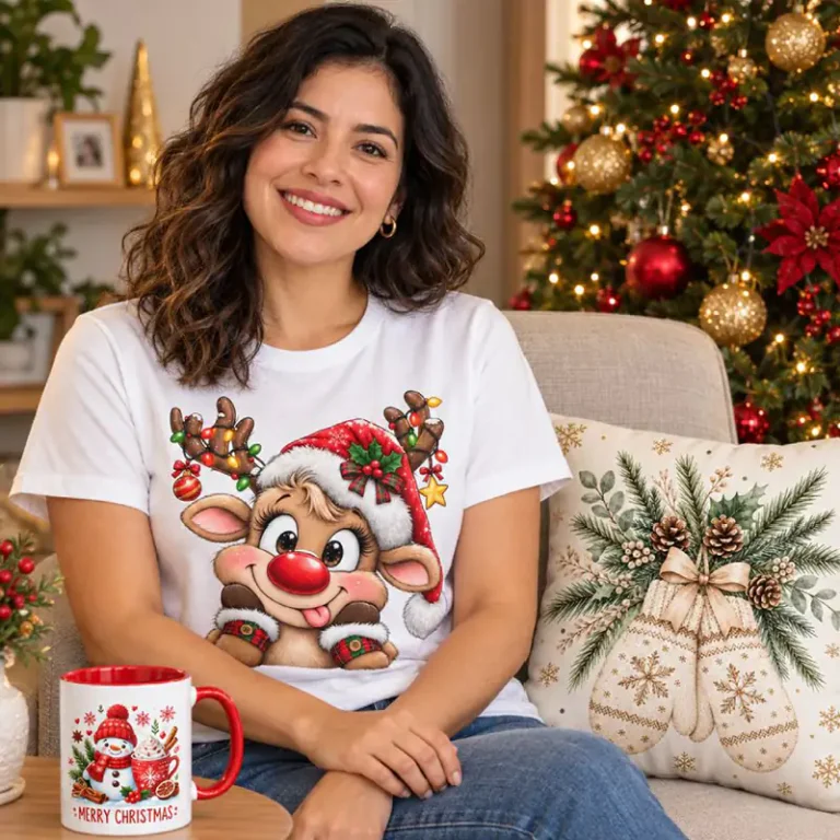 Mujer con camiseta de reno junto a un mug bicolor rojo con muñeco de nieve y un cojín navideño de manoplas.