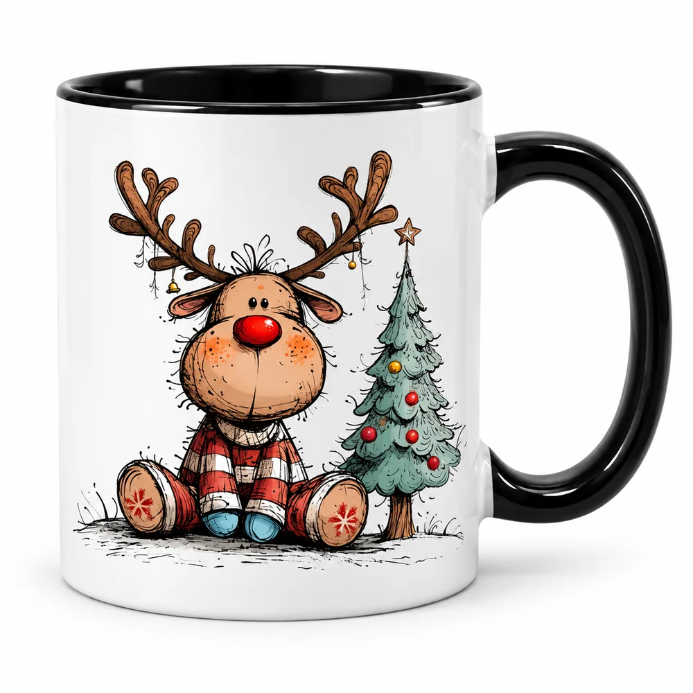 Taza navideña con asa e interior negros, un reno de nariz roja y un árbol de Navidad.