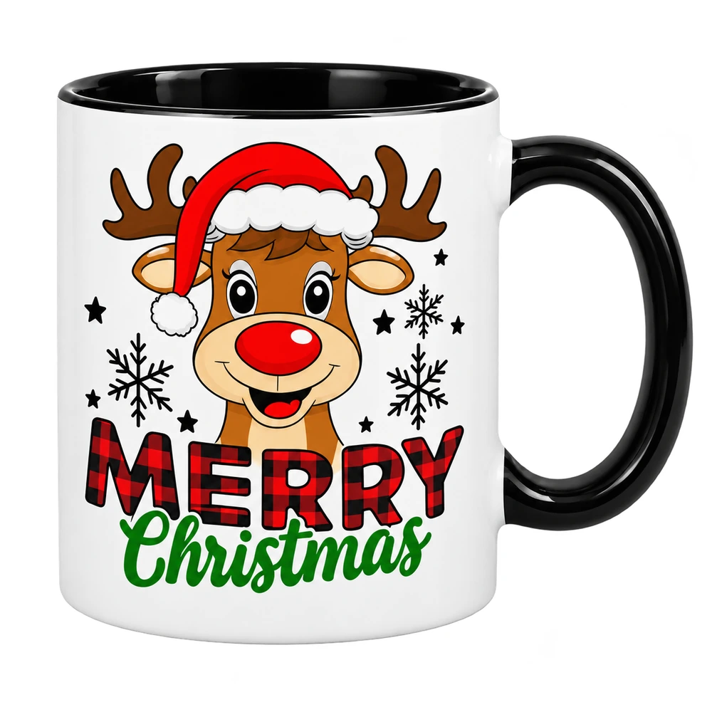 Taza navideña blanca con asa e interior negros, reno con gorro rojo y texto Merry Christmas.
