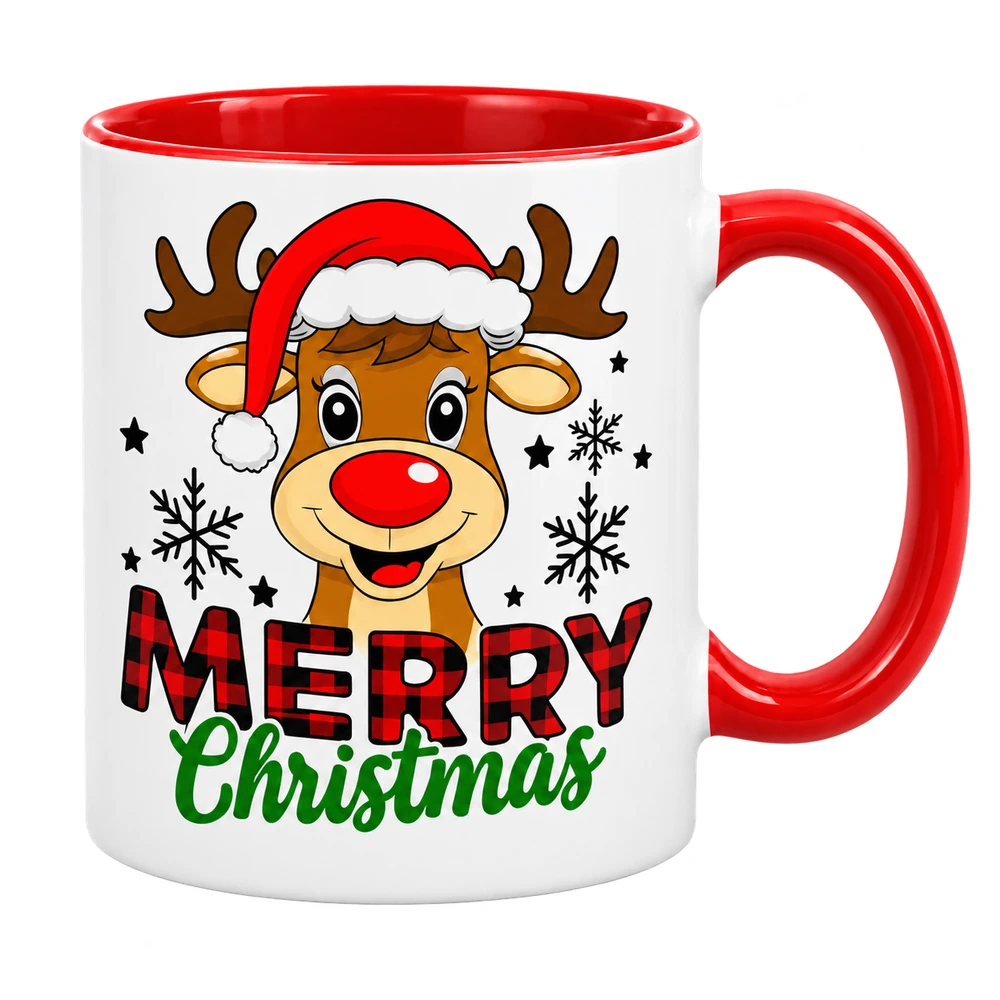 Taza navideña blanca con asa e interior rojos, reno con gorro, copos de nieve y texto Merry Christmas.
