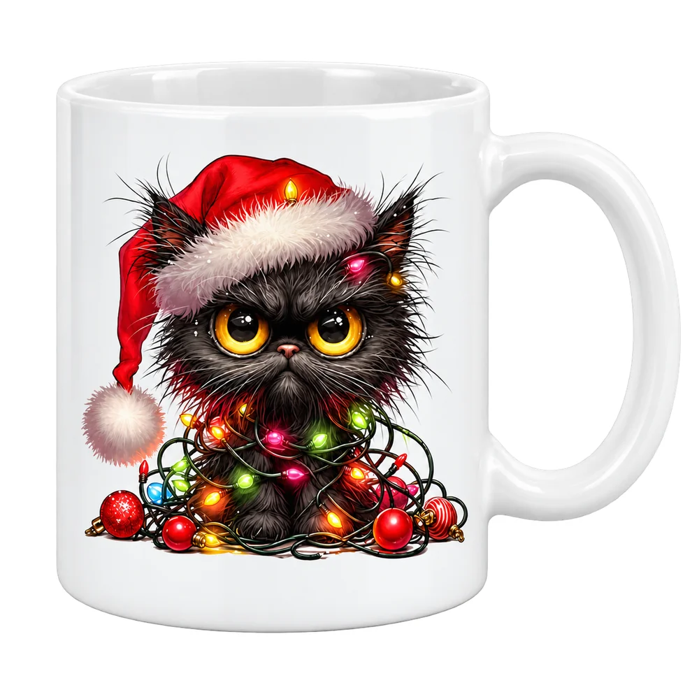 Taza blanca con diseño de gato negro de ojos dorados, gorro rojo de Navidad, luces de colores y esferas navideñas.