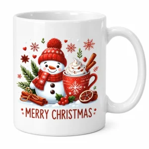 Taza navideña blanca con muñeco de nieve, bebida decorada con crema y texto Merry
