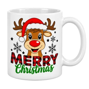 Taza blanca navideña con reno de nariz roja, gorro de Navidad, estrellas y mensaje Merry Christmas.
