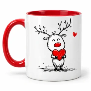 Taza navideña blanca con asa e interior rojos y un reno sosteniendo un corazón rojo.